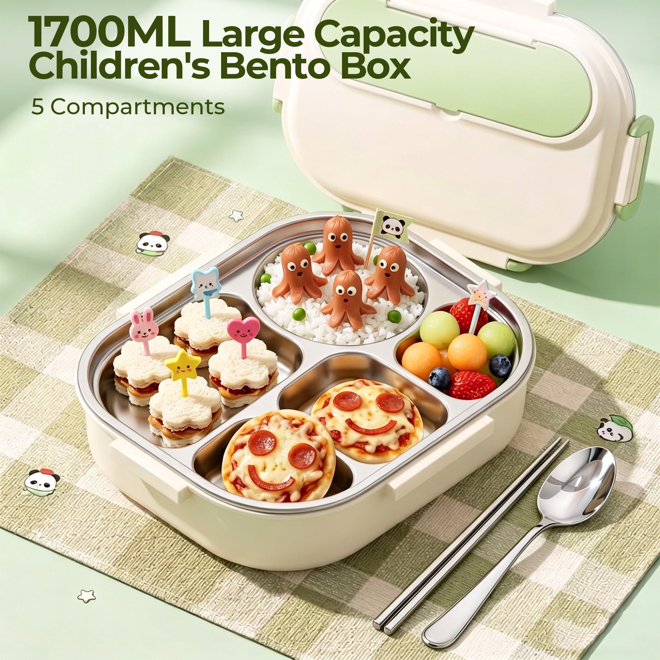 M Buder Bento Box for Kids, Leak-Proof 304 Stainless Steel Child Lunch Box with 5 Compartments , Double Insulated Food Jar, Fork, Spoon, Green