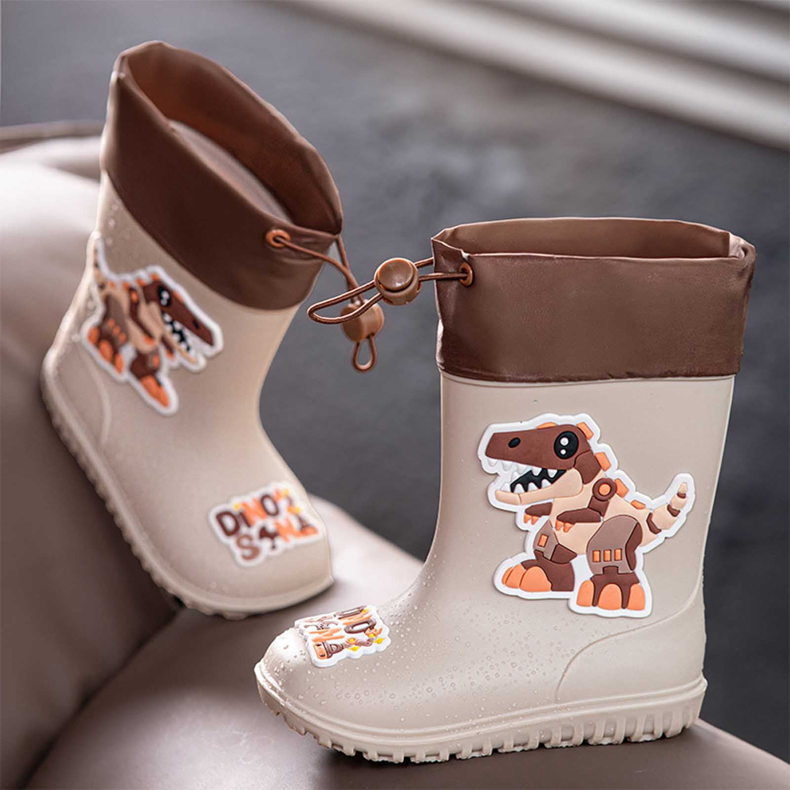 Wuxian Toddler Rain Boots Lightweight Anti- Cute Cartoon Dinosaur Pattern Rain Booties Waterproof Soft Sole Easy Put On Drawstring Rainy Footwear,Beige,9-9.5T