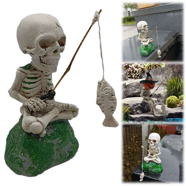 HUASHENG Statue de Pêche Squelette Figurine Résine Ornements d'Halloween pour Extérieur, Style Gothique Sculpture Décorative de Pêche Squelette