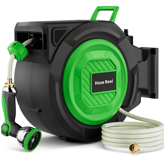 Fitfort Retractable Hose Reel, 100ft Wall-Mounted Water Reel with Auto Rewind and 10-Pattern Spray Nozzle, Heavy Duty for Garden & Car Wash