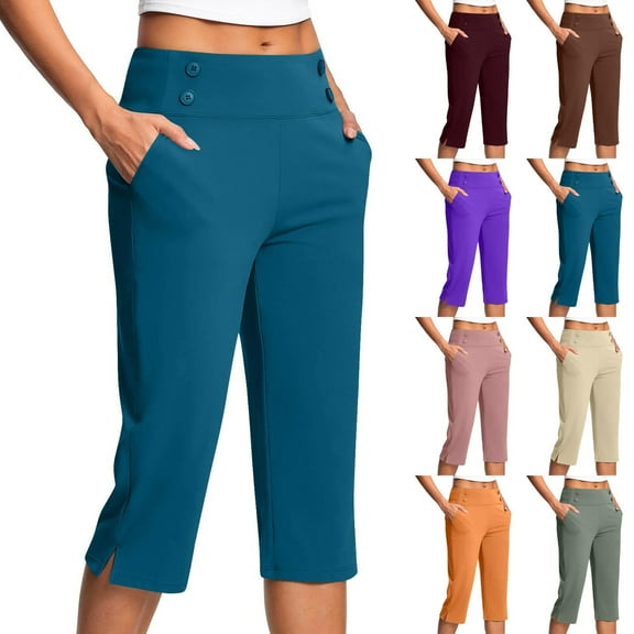 HKYNLAG Women's Capri Leggings with Pockets Casual Summer High Waisted Yoga Capri Pants Stretch Dressy Casual Office Capris Dark Blue L