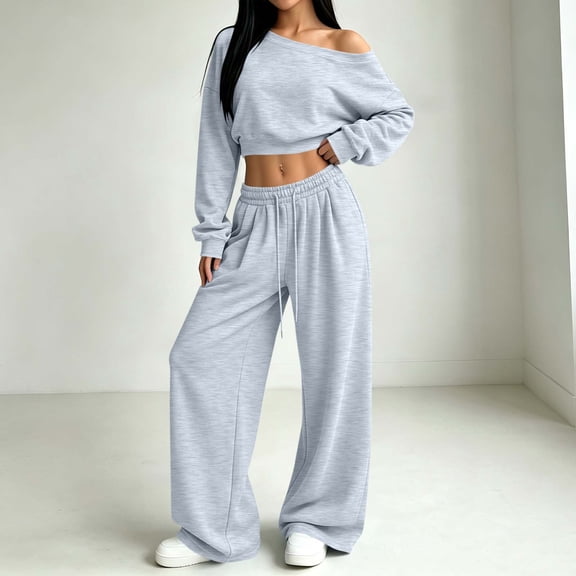 BRELIL Women's Two Piece Outfits Sets Long Sleeve Crop Top Wide Leg Elastic Waist Pants Casual Lounge Matching Tracksuit Fall Travel Vacation Loungewear, Gray M
