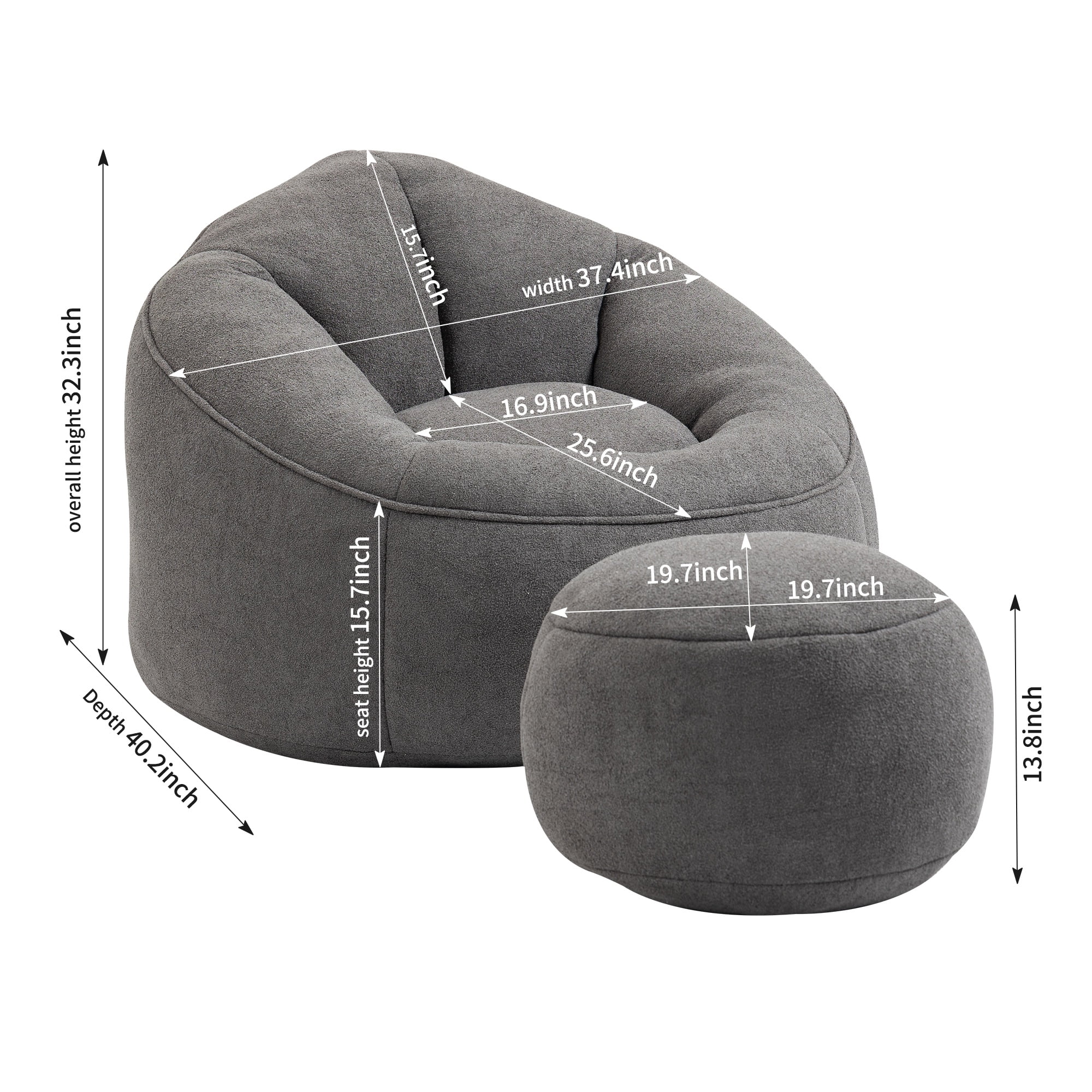 PORKISS Oversized Bean Bag Chair with Ottoman, Memory Foam Super Soft Lazy Couch for Adults Teens Kids, Microfiber Grey