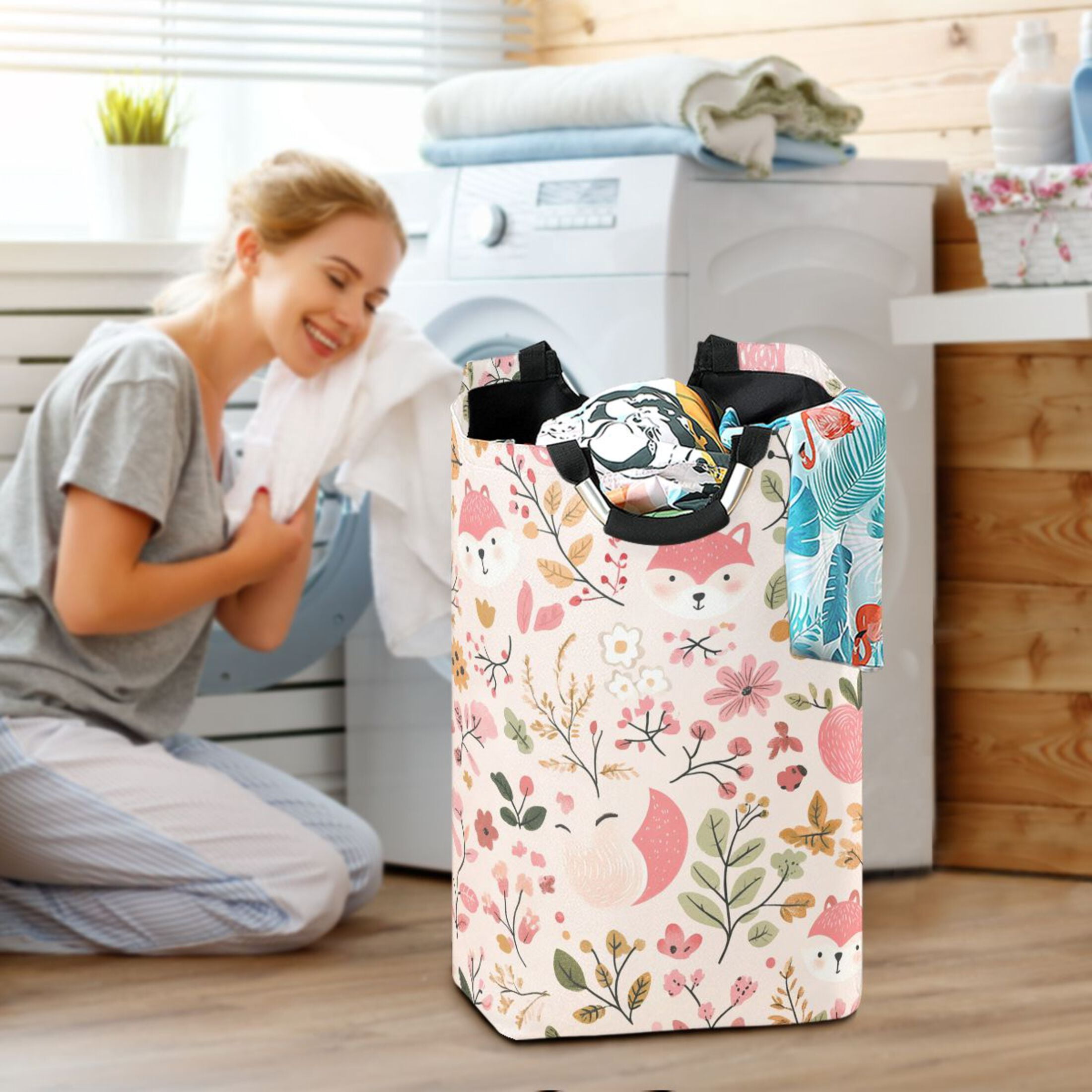 Pink Fox Foldable Laundry Hamper 12.6x11x22.7in with Handles for Bathroom Bedroom Storage