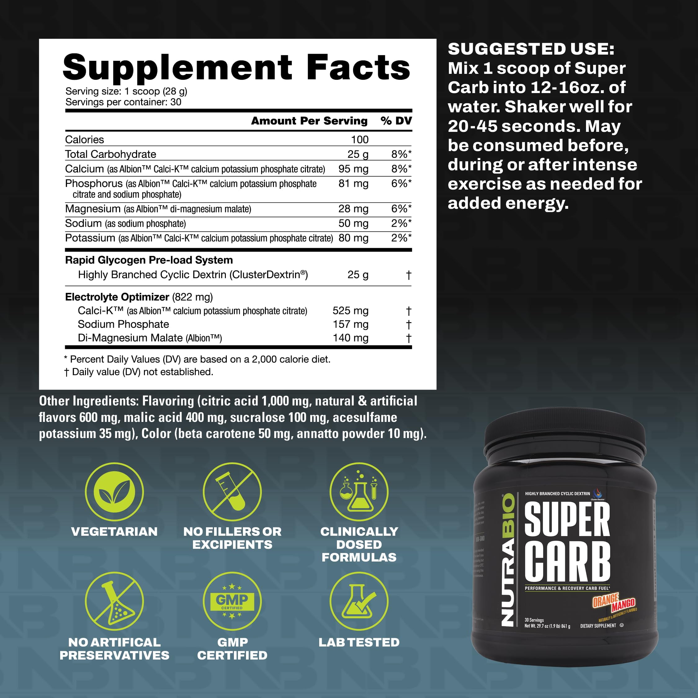 NutraBio Super Carb - Complex Carbohydrate Supplement Powder - Cluster Dextrin and Electrolytes for Performance Enhancement & Muscle Recovery - Orange Mango, 30 Servings