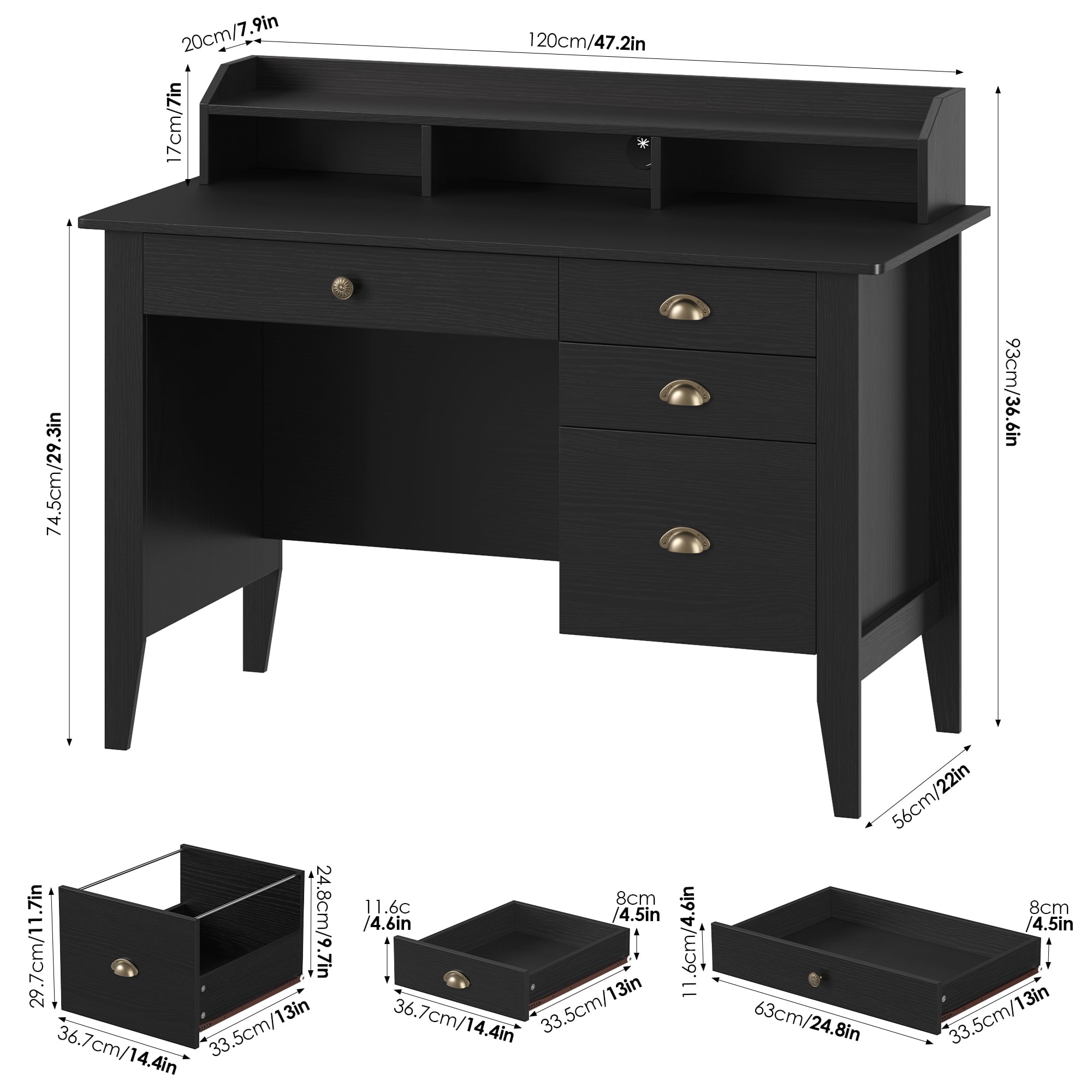 Homfa Black Computer Desk with Monitor Stand, 47in Wide Office Desk with Storage, Modern Executive Desk with File Drawers for Home & Study