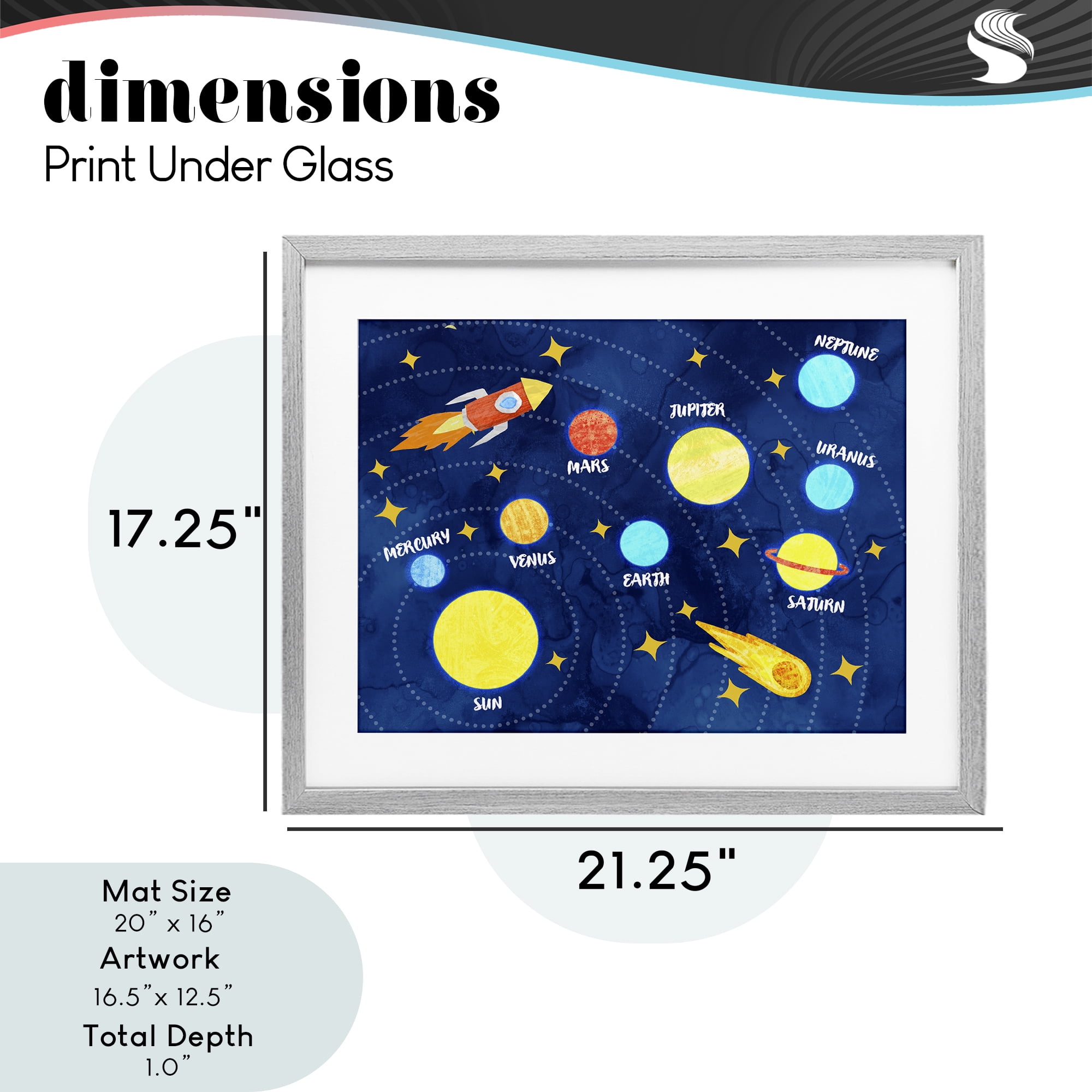 Rocket Across Solar System Gray Framed Print Under Glass, design by Daphne Polselli