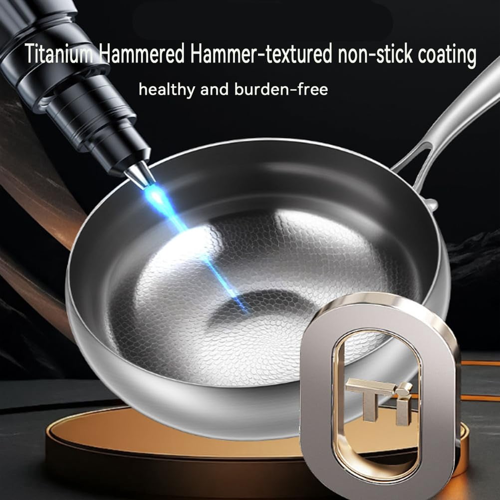 Titanium Hammered Pan with Lid, Thickened Multi-Layer Stock Pot, Titanium Wok Pan, Scratch-Resistant Non Stick Titanium Frying Pans, Even Heating for Cooking,11.02in/lid