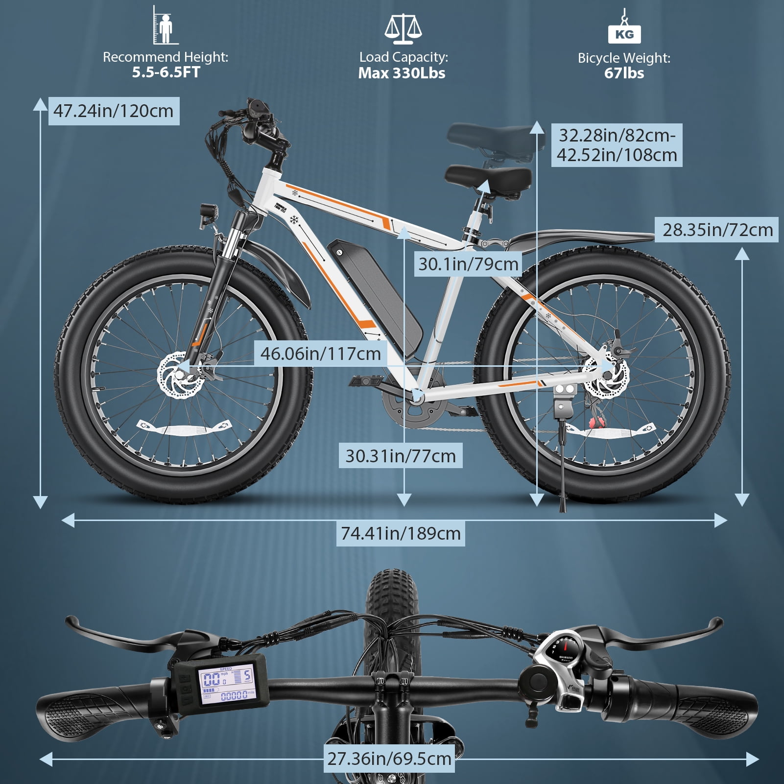 Elifine 26"x4.0 Fat Tire Electric Bike, 624Wh Battery, 48V 500W Ebike Electric Mountain Bike, Cruise Control Mode, Adult E Bikes for Men, LCD Meter, 7-Speed Snow Bike Beach E-Bike for Adults UL2849