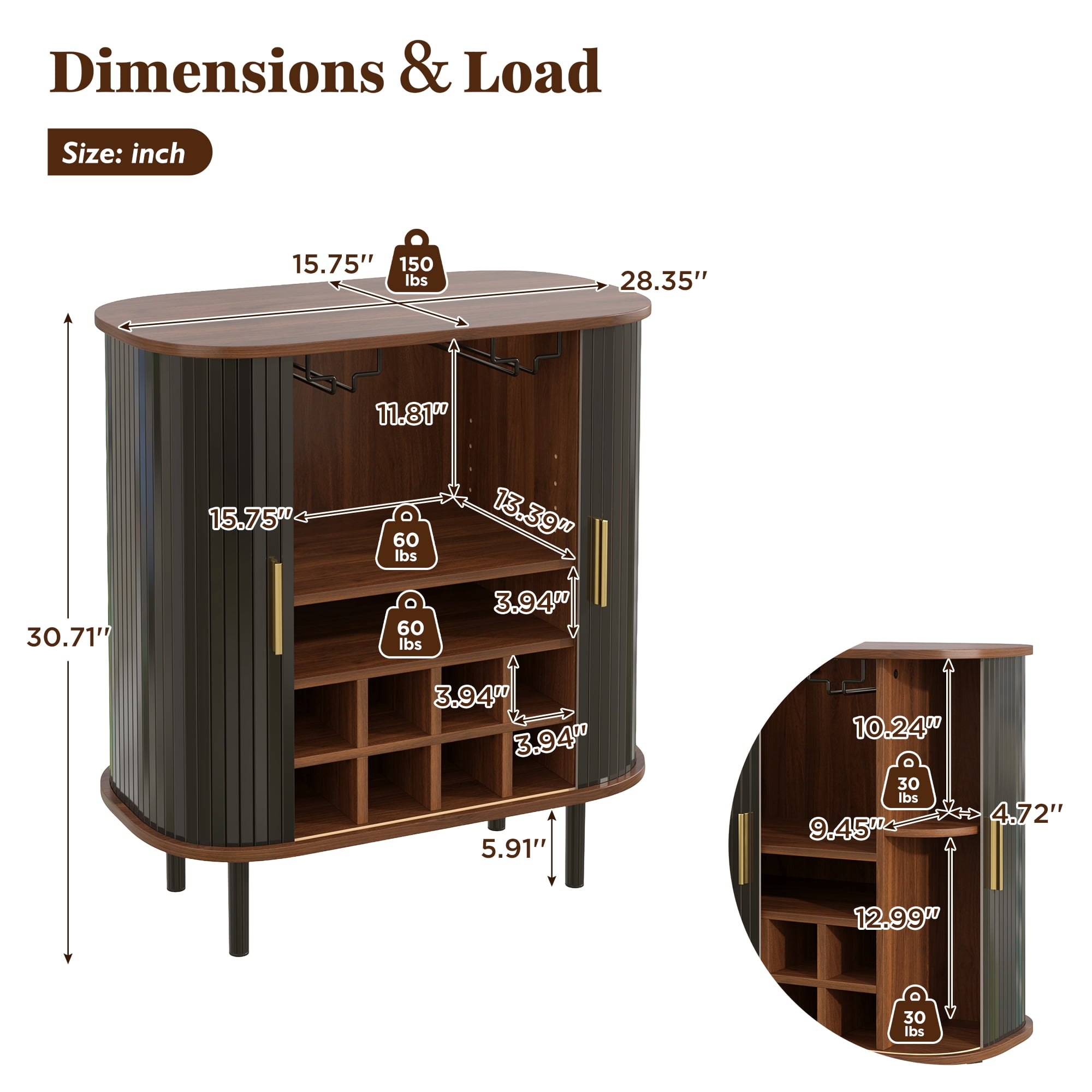 Mintazer 28" Modern Wine Bar Cabinet with Fluted Doors & Drawer, Storage Cabinet with 6 Wine Racks and 3 Glass Holders for Kitchen Living Room, Black