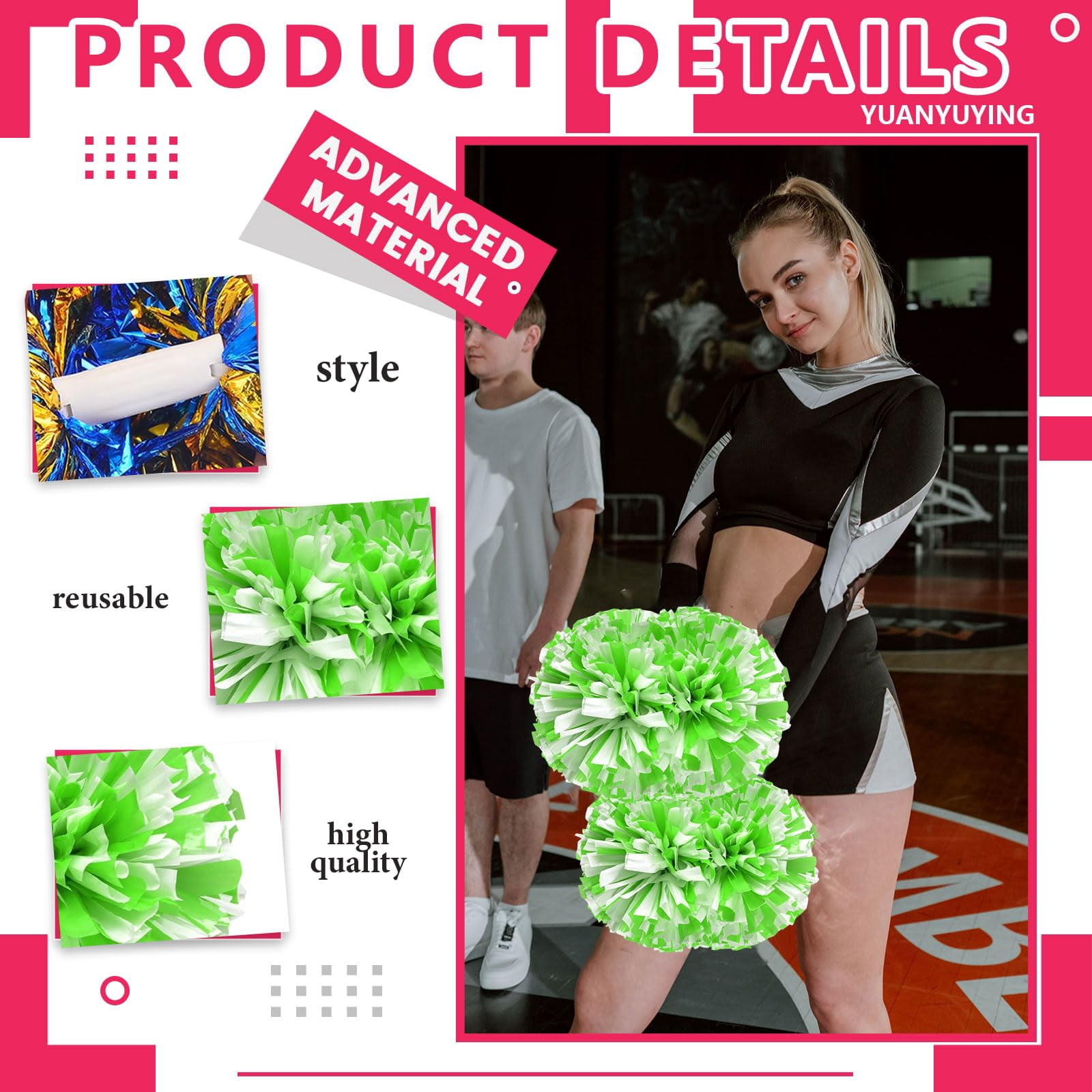 Cheer Pom Poms 8 Pcs with Handle, Cheerleading Handheld Squad Pompoms for Sports Team Cheer Spirit Games Dance Party Adults