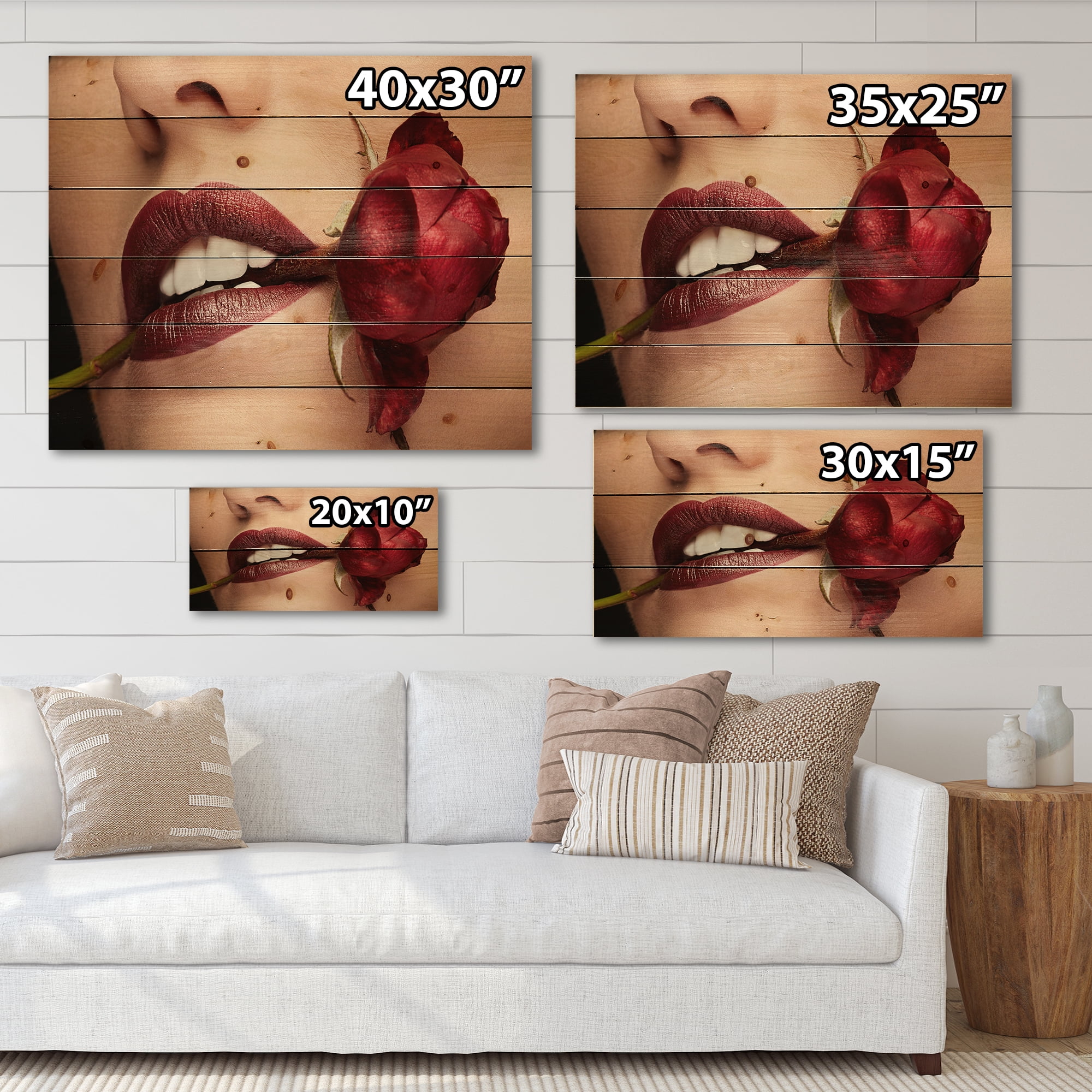 Designart 'Girl With Red Lipstick Holding A Rose In Mouth' Modern Print on Natural Pine Wood
