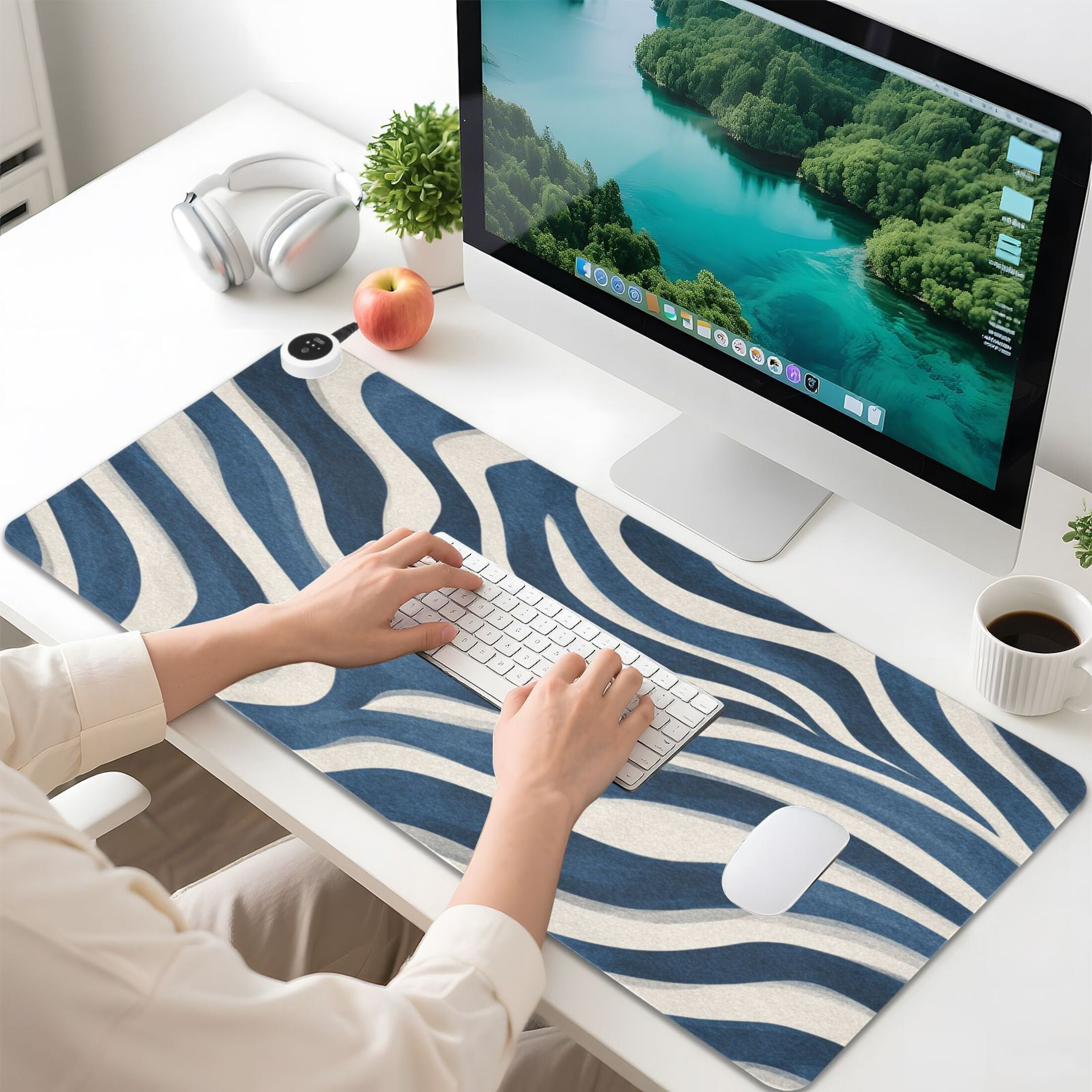 Large Heated Desk Mat Mouse Pad 31.5"x13"PU Leather Graphene Heating Desk Warmer with 3 Temperature Settings 110V US Plug Non-Slip Warm Pad for Home, Office, and Gaming Dark Blue Zebra Stripes