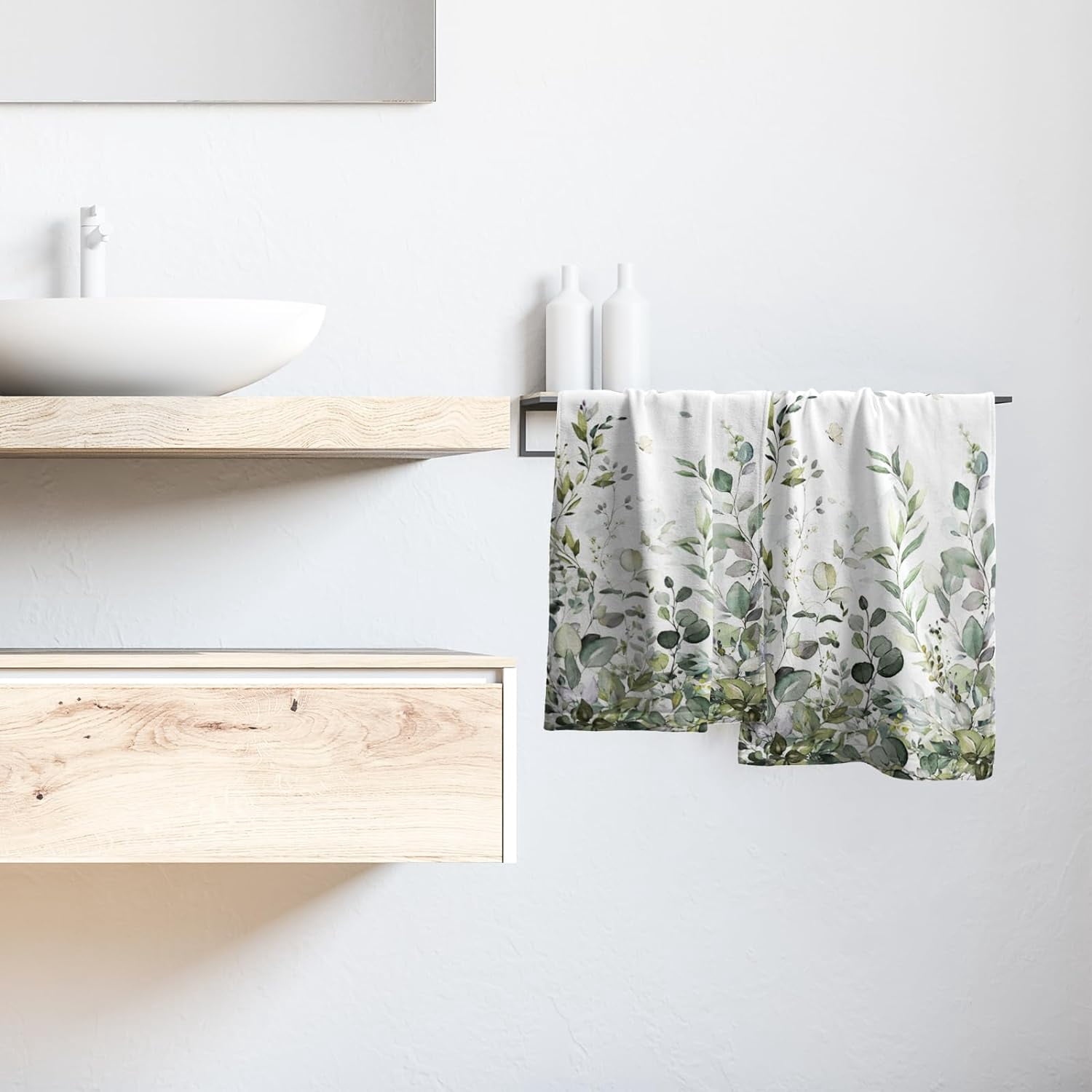 Sage Green Eucalyptus Hand Towels Set of 2  Plant Leaves with Floral Fingertip Towels Soft Kitchen Dish Towel for Bathroom Laundry Room Spa Decor