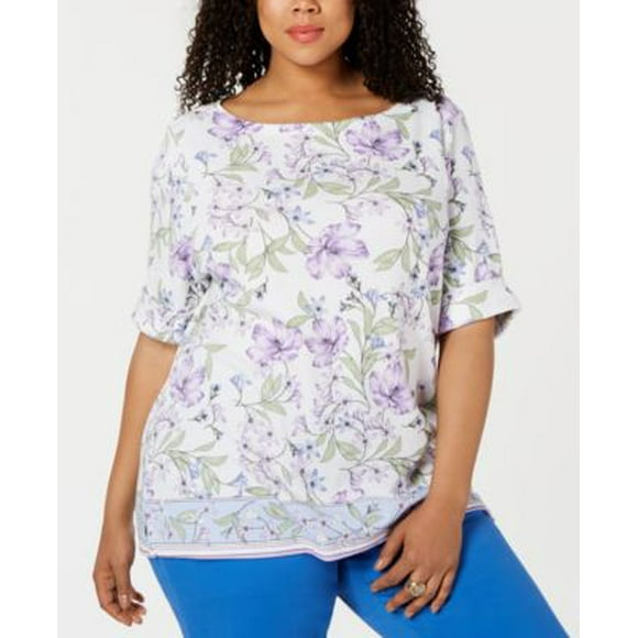 Karen Scott Hibiscus Short-Sleeve Top Purple Bliss 3X