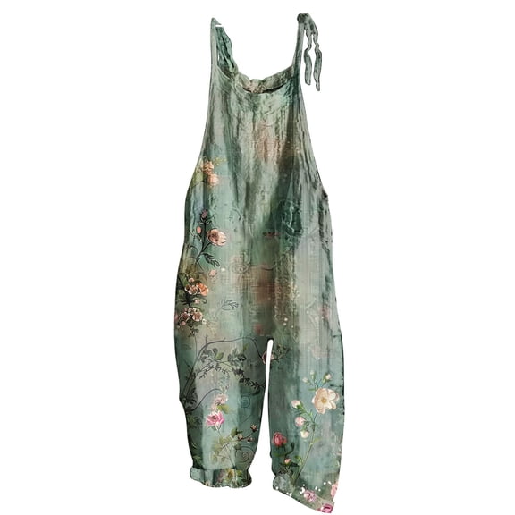 PWPSG Womens Vintage Floral Overalls Scoop Neck Spaghetti Strap Bow Tie Shoulder Wide Leg Pants with Side Pockets Multicolor XXL