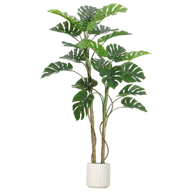 QinaQin Planta Monstera deliciosa artificial con poste curvo y hojas ajustables, ideal para decoración tropical en sala, oficina o recámara