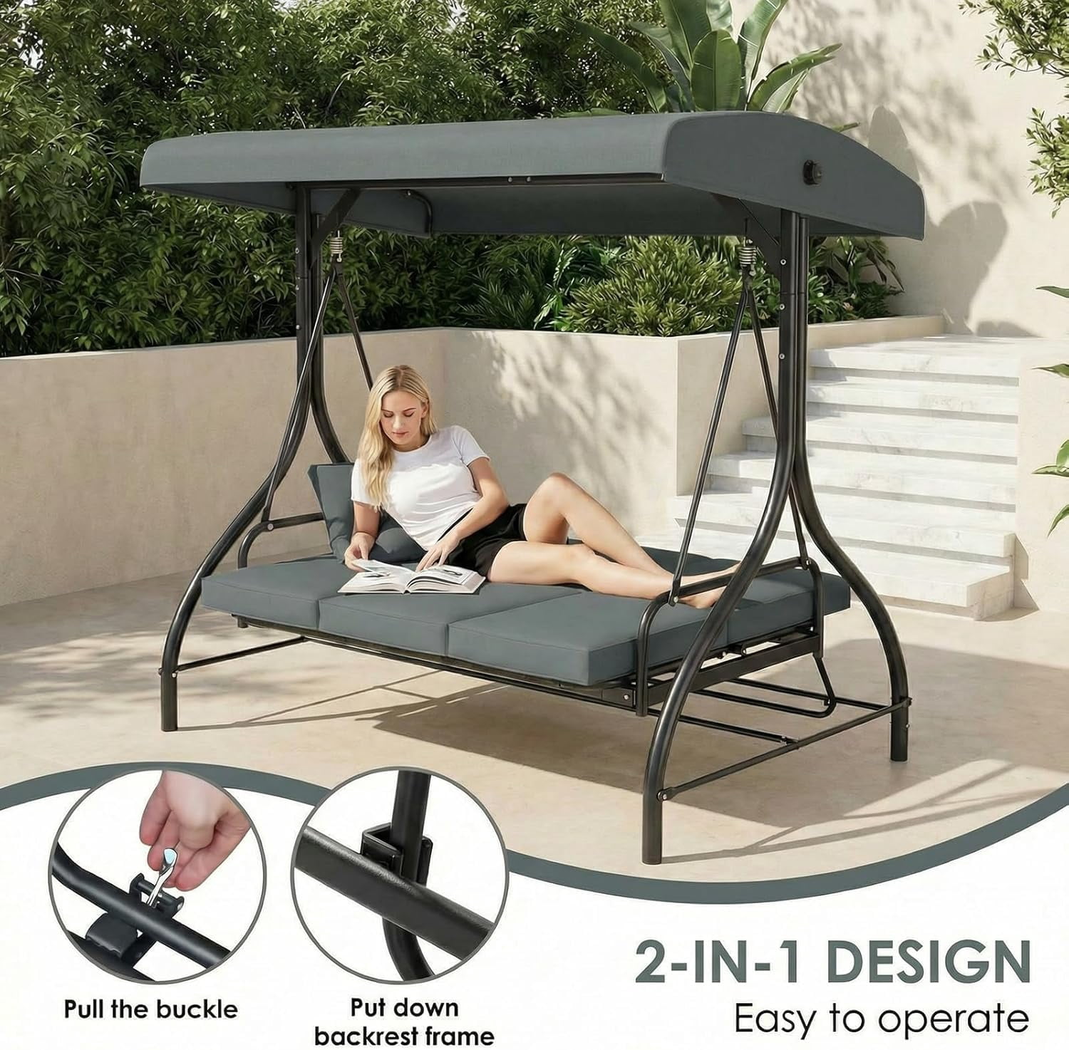 Arlopu 3-Seat Porch Swing, Outdoor Patio Swing Chair with Adjustable Canopy & Removable Cushions, Swing Glider for Garden Poolside Backyard, Gray