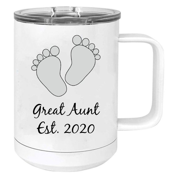 Baby Feet GreatAunt Est. Established 2020 Stainless Steel Vacuum Insulated 15 Oz Travel Coffee Mug with Slider Lid, White