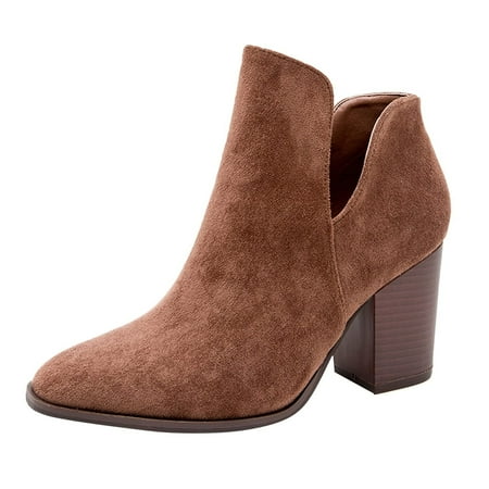 

Jsaierl Womens Pointed Toe Stacked Mid Heel Ankle Boots V Cut Back Zipper Faux Leather Booties