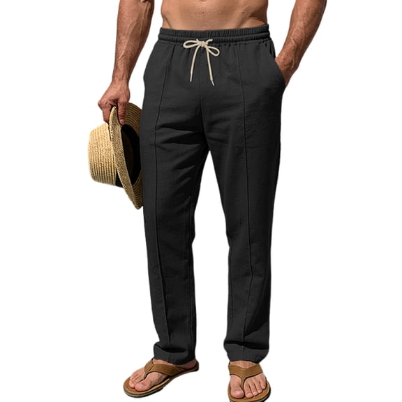 LWavelet Mens Linen Straight Leg Pants Elastic Waist Drawstring Summer Pants Black M