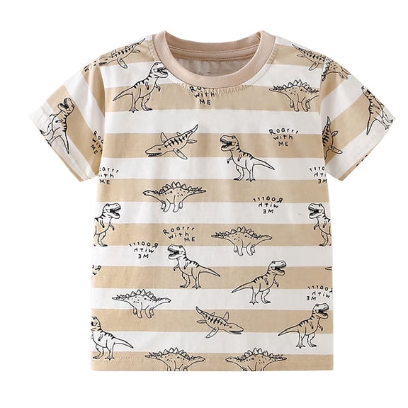 Boys Dinosaur T-Shirt Short Sleeve Crew Neck Soft Stretch Tee Khaki for Kids 3-10 Years, Size 5T