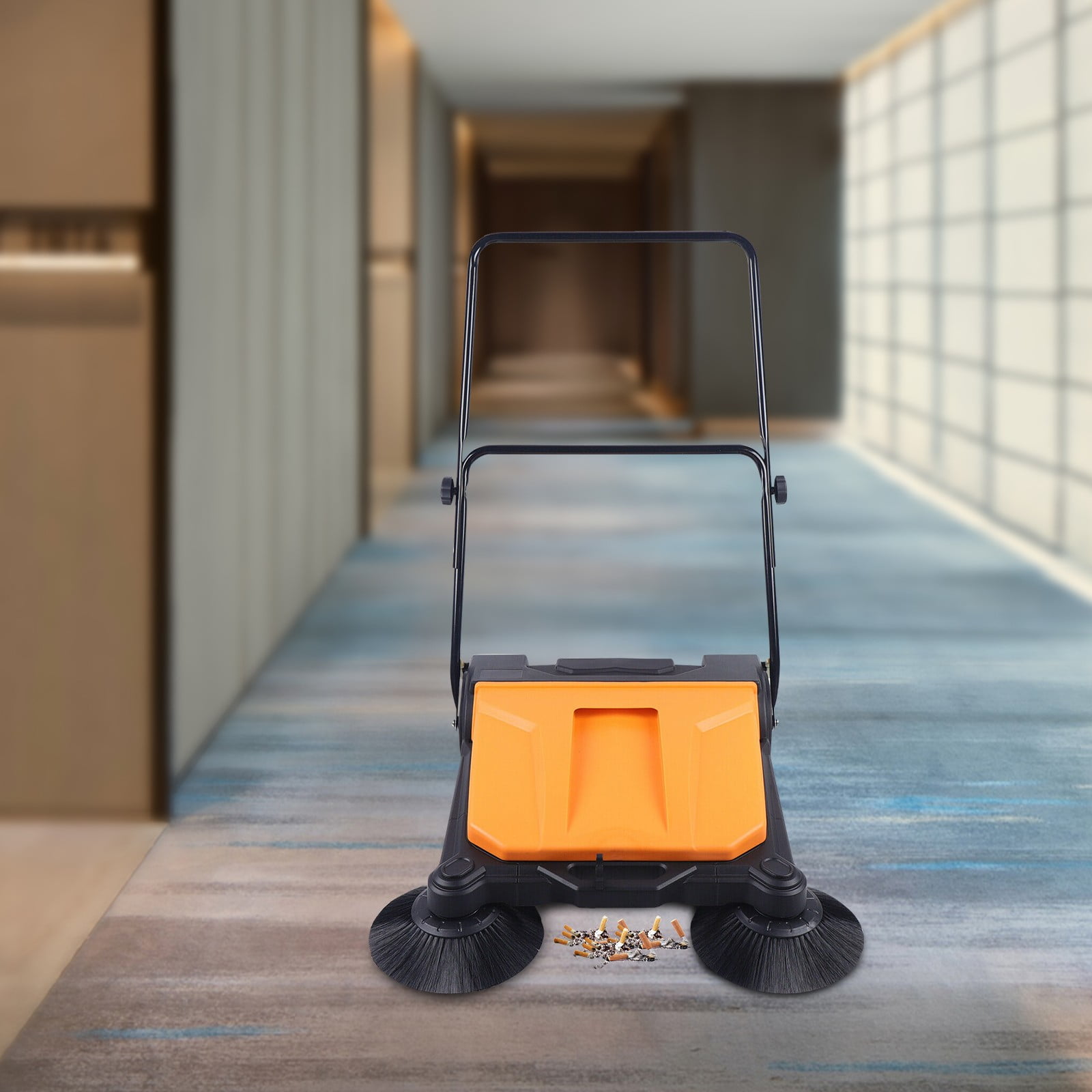 26" Black+Orange Manual Hand Push Sweeper Moder Hand Push Floor Sweeper for Garages Courtyards Offices