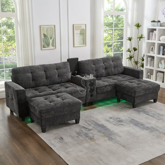 126" U Shaped Cloud Couch, Modern Modular Sectional Sofa for Living Room, Oversized Comfy Chenille Sofa with Console, Speaker, Charging, Cup Holders and LED Lights, Gray
