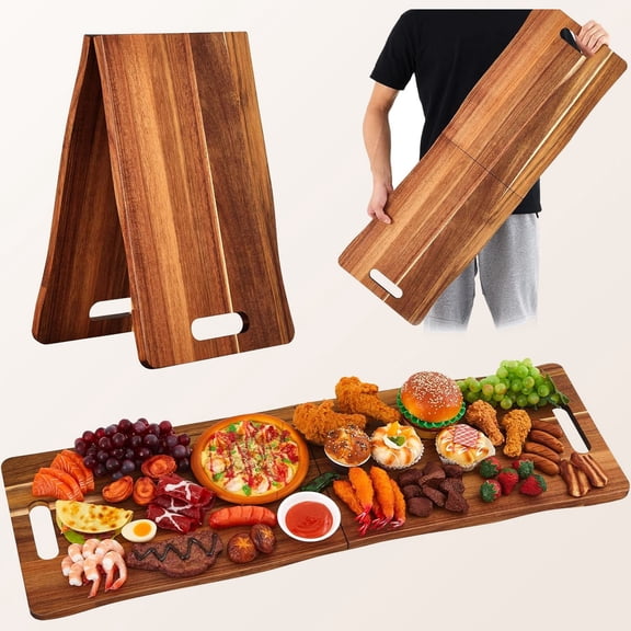 Acacia Charcuterie Board with Handles Wood Foldable Serving Tray Rectangular Appetizers Cheese Food Meat Board