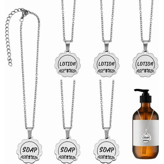 6Pcs Soap and Lotion Dispenser Tags Double-Sided Stainless Steel Soap Dispenser Labels Bottle Labels Hanging Tag Chains for Mason Jar Decoration Kitchen Bathroom Organization Stainless Steel Color