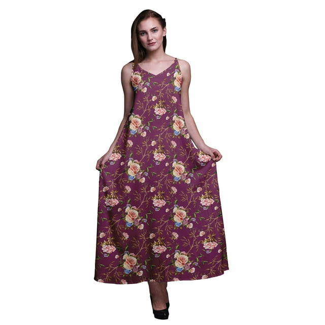 Bimba Robe Longue en Rayonne Imprimée Florale pour Femmes Chic Bohème Été Maxi Plage-TG