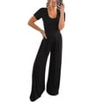 thumbnail image 6 of Riforla Womens Summer Short Sleeve Jumpsuits High Waist Low Cut Casual Scoop Neck Fit and Flare Long Pants Rompers Jumpsuits for Women Black M, 6 of 9
