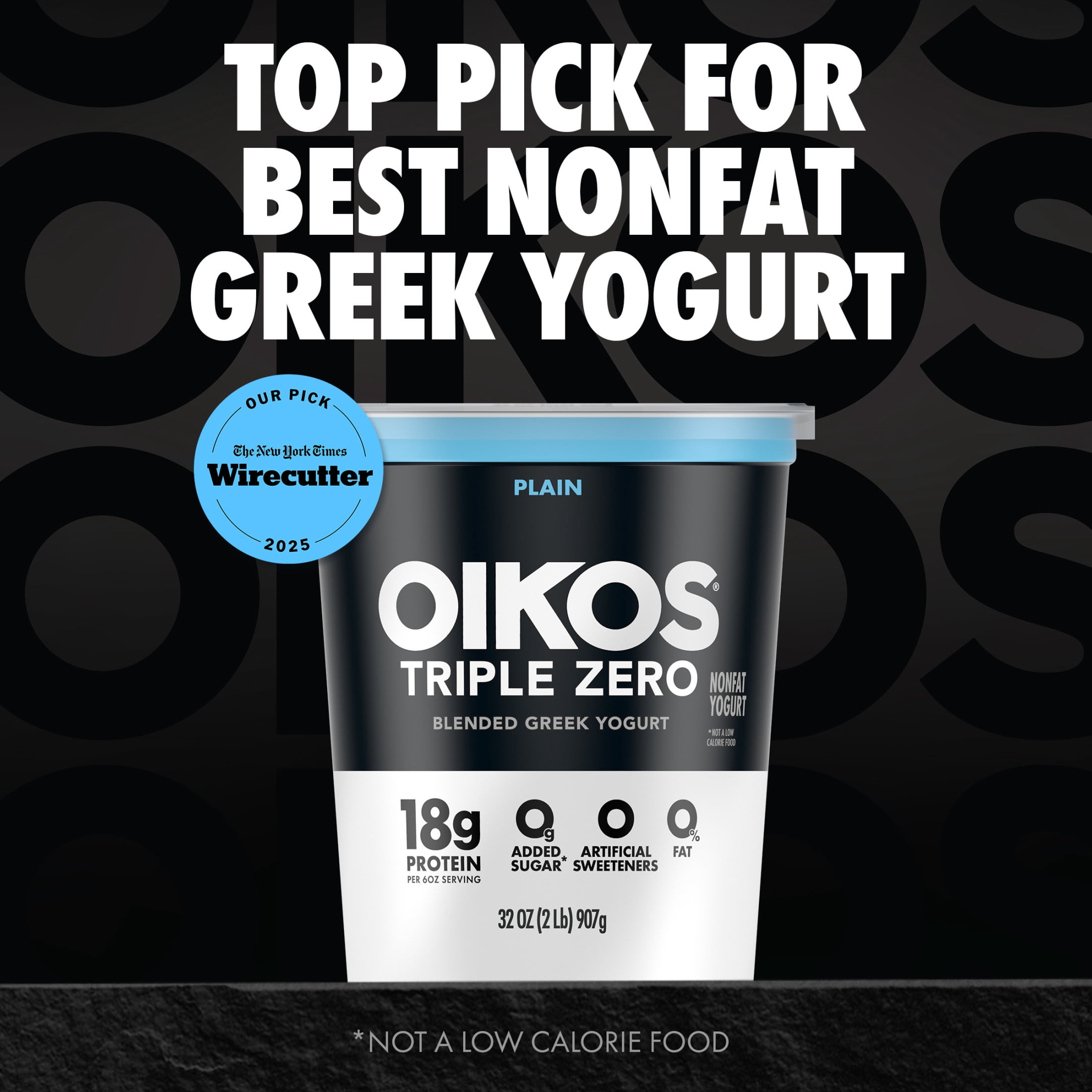 Oikos Triple Zero 18g Protein Plain Greek Yogurt, 100 Calories, 0g Added Sugar and 0 Artificial Sweeteners, Nonfat Yogurt, Great High Protein Snack, 32 oz Tub