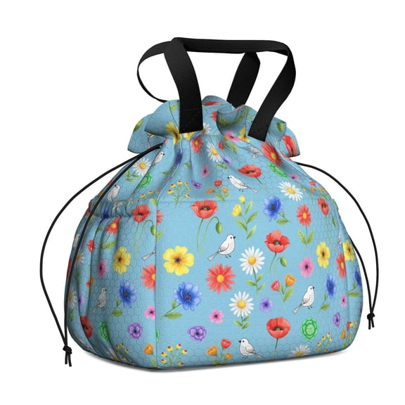 Pioneer Flower Floral Print Pattern Drawstring Lunch Bag Women - Drawstring Lunch Bag Insulated for Work Office - Stain-Resistant Large Lunchbags for Women with Multi-Pockets