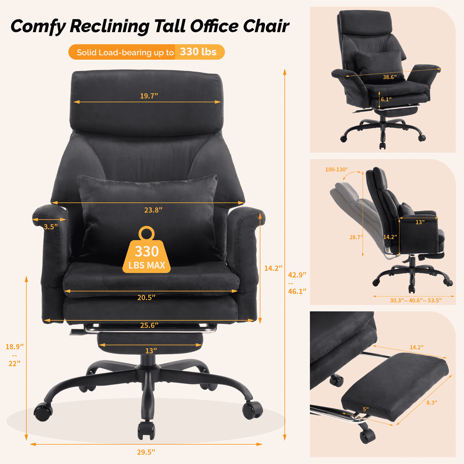 Ktaxon Gaming Chair with Footrest, High Back Faux Suede Office Chair, Adjustable Reclining Desk Chair with Lumbar Support, Swivel Task Seating for Adults Black