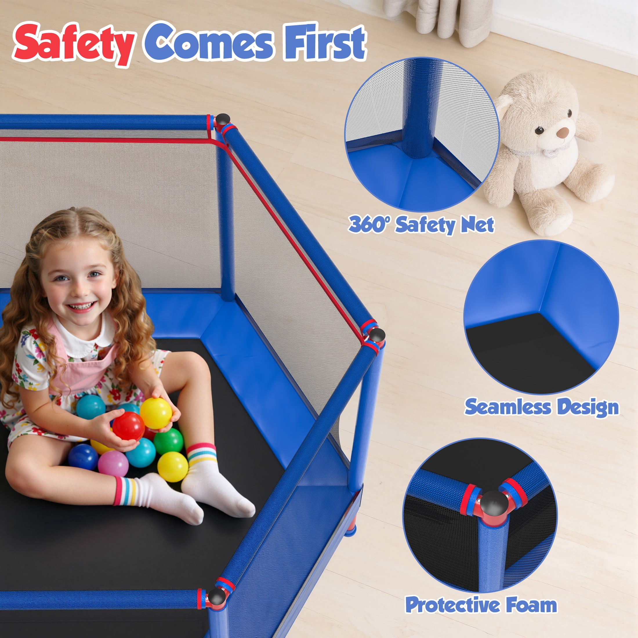 SHINPT 55'' Kids Trampoline with Safety Net, No-Gap Toddler Trampoline Indoor&Outdoor, Mini Trampoline for Kids Ages 3-8, 4.5FT Small Trampoline with Enclosure, Easy Assembly