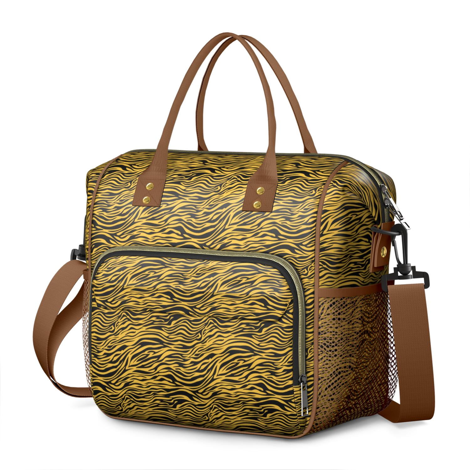 Large Insulated Tote Bag with Bengal Tiger Print - Leakproof Cooler Bag for Office & Outdoor Multi-Pocket Waterproof Thermal Lunch Tote with Jungle Stripes Design