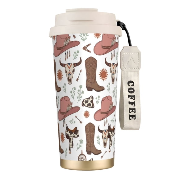 Cowgirl Tumbler 18oz Gothic Western Skull & Bat Wing, Leak-proof Reusable Beverage Cup