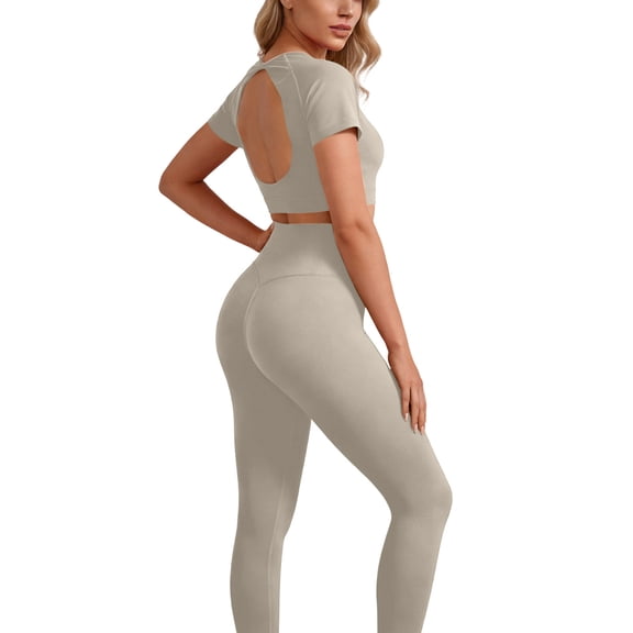 Aofany Workout Sets for Women 2 Piece Tracksuit Set Athletic Yoga Outfits Stretchy Yoga Workout Set Comfortable Gym Leggings And Short Sleeve Top Set