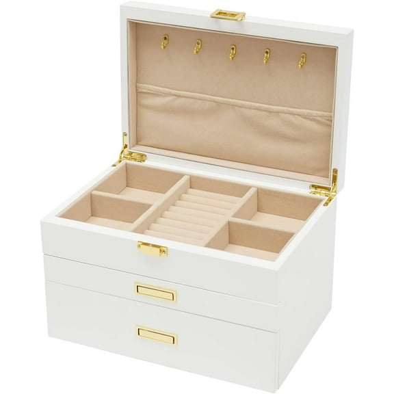 Large Wooden Jewelry Storage Box 3 Layers Organizer 2 Drawers Cabinet, White Jewelry Storage Box, Wooden Jewelry Boxes for Women, Vintage Style Wooden Jewelry Box for Rings, Earrings, Bracelets