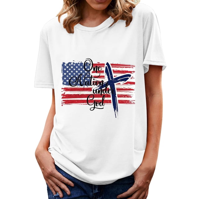 Hauts d'Été Grande Taille pour Femmes Hauts d'Été Tendance pour Femmes Imprimé de la Fête de l'Indépendance Vacances Manches Courtes Col Rond Décontracté Coupe Ample T-Shirts Graphiques Col en V T-Shirt Femme en Liquidation