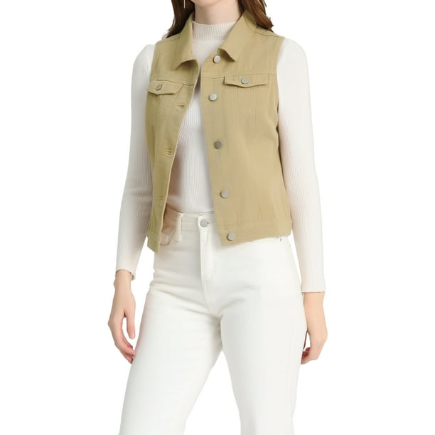 CHALECO SIN MANGAS DE DENIM LAVADO PARA MUJERES INSPIRE CHIC CON BOTONES Y BOLSILLOS COLOR CAQUI CLARO TAMAÑO L