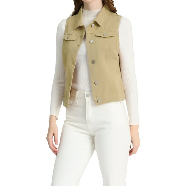 INSPIRE CHIC Women's Washed Denim Button Sleeveless Vest Jacket with Pockets M Light Khaki