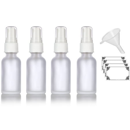 1 oz Frosted Clear Glass Boston Round White Fine Mist Spray Bottle (4 pack) + Funnel and Labels for essential oils, aromatherapy, food grade, bpa
