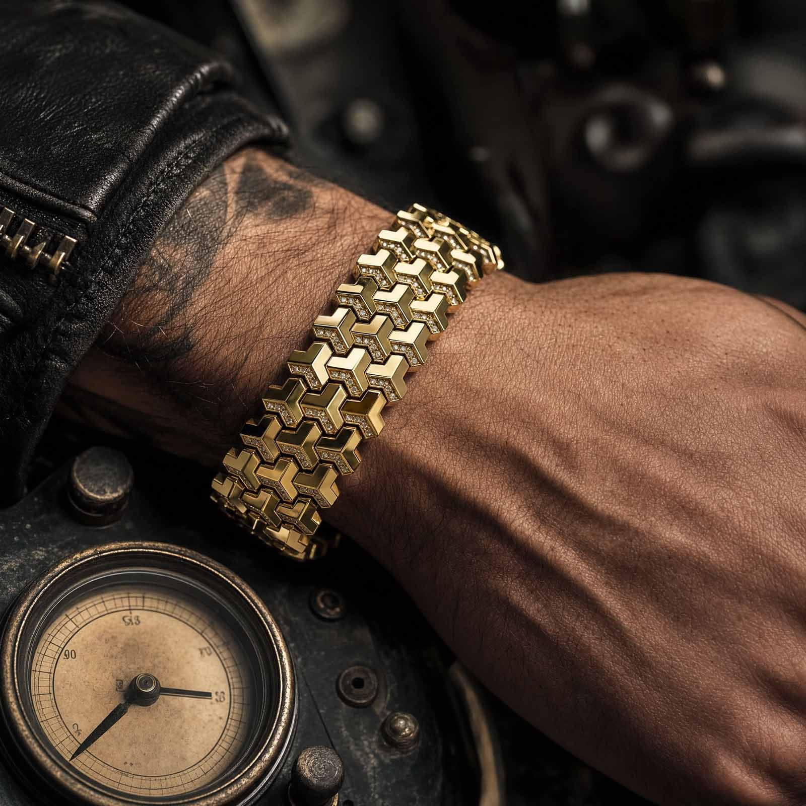 Men Geometric Link Bracelet, Handmade Modern Out Jewelry Accessories for Men Gold 7 Inches