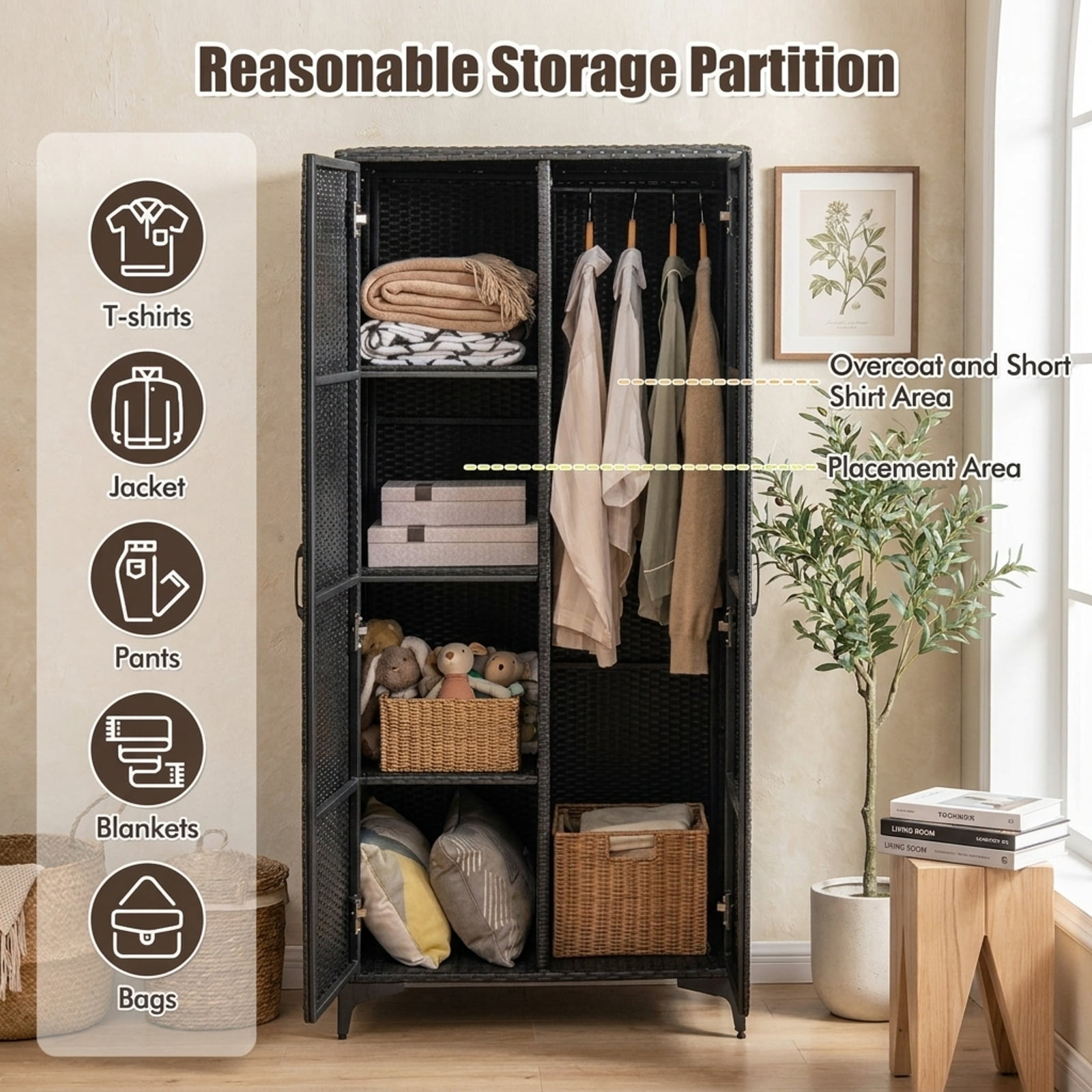 Furnibear 62 Inch Wicker Wardrobe with 2 Doors PE Rattan Closet with Hanging Rod for Bedroom Closet Clothes Wardrobe Storage Hanging, Black
