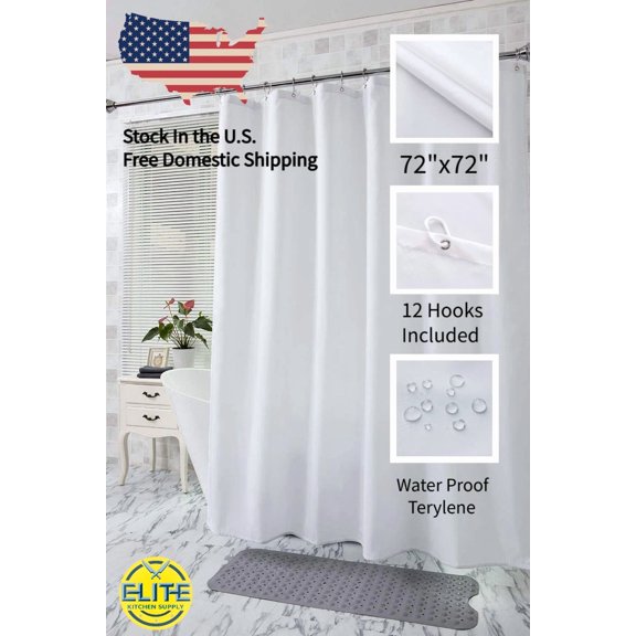 Elite Kitchen 72"X72" Shower Curtain Liner With Hooks - White