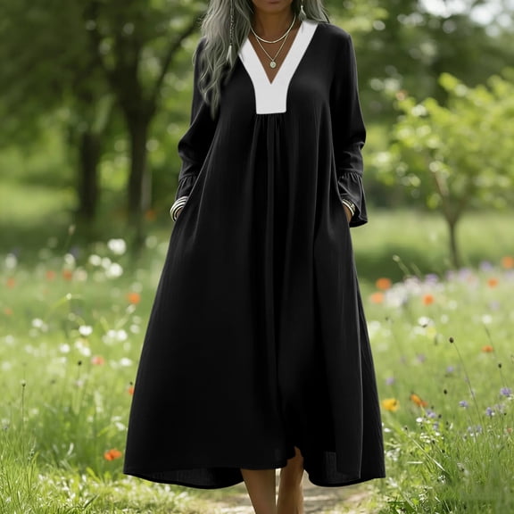 Women's Elegant V Neck Maxi Dress Long Sleeve Loose Fit Flowy A-Line Long Dress Casual Daily Wear Breathable Lightweight Modest Abaya Kaftan Dress