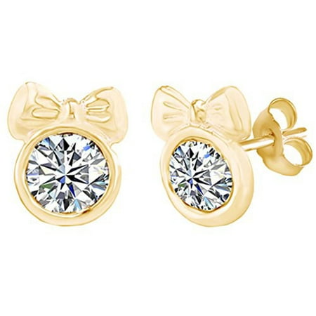 14k Gold Minnie Mouse Round Shape White Cubic Zirconia Minnie Mouse Bow Stud Earrings 14K Yellow Gold Over Sterling Silver ()