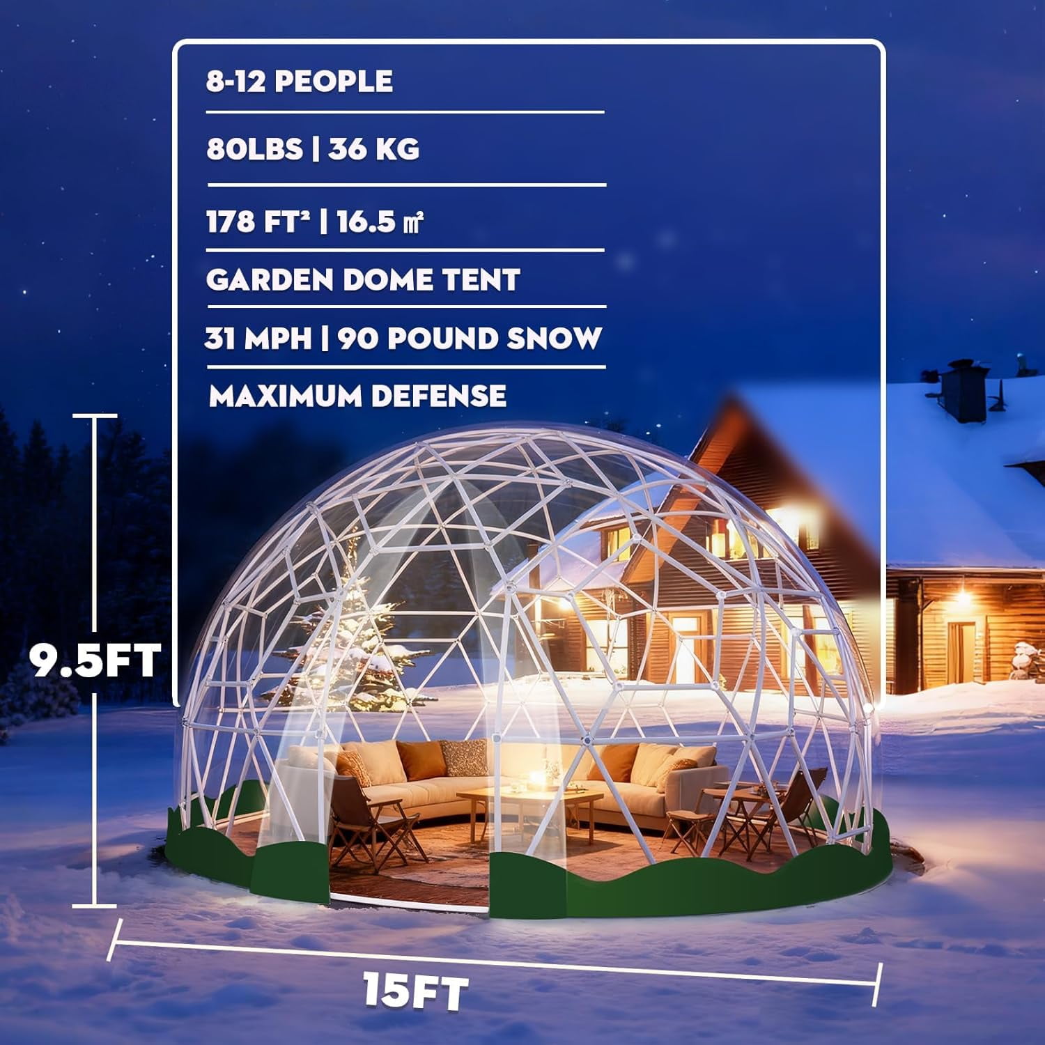 Esheno 15x9.5 ft Garden Dome Tent Outdoor PVC Greenhouse for 8-12 Person with Window Waterproof Clear Dome Tent for Camping Party Wedding Christmas Green
